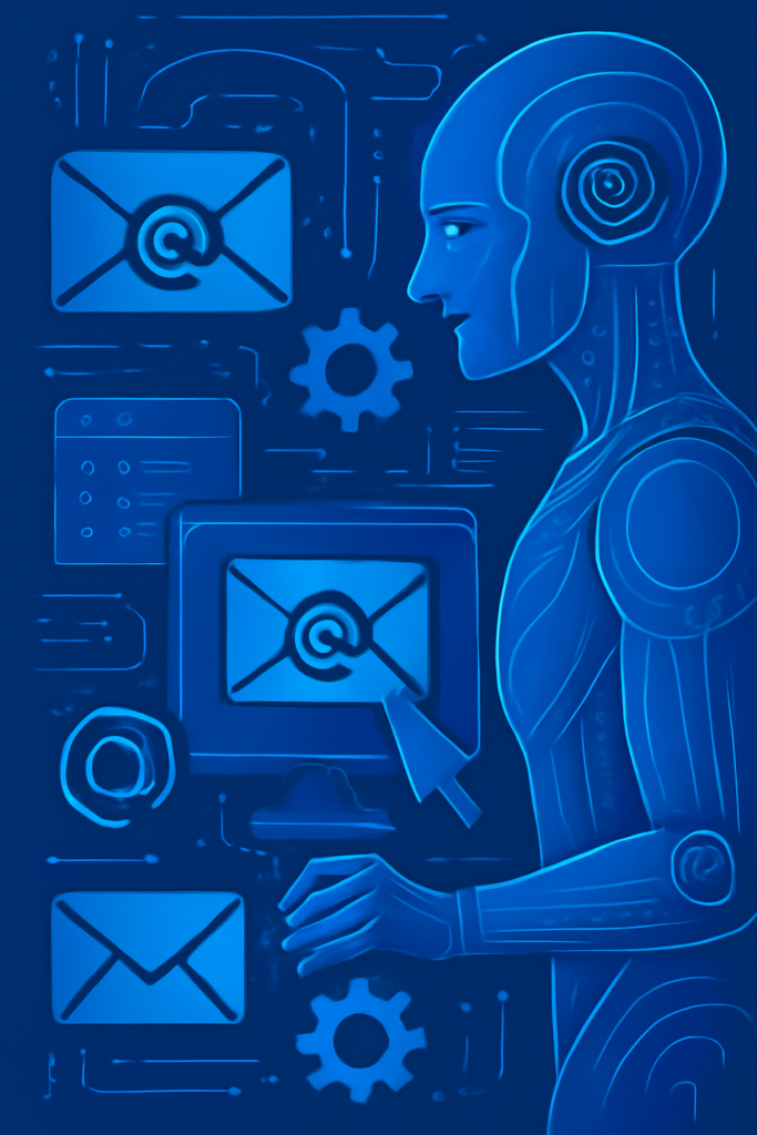 A digital illustration themed around email marketing and automation, featuring envelopes and digital icons arranged in a modern layout.